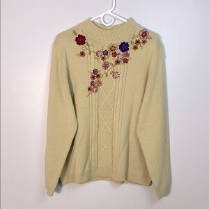 Alfred Dunner Cream Crew Neck Sweater with Floral Embellishments size XL